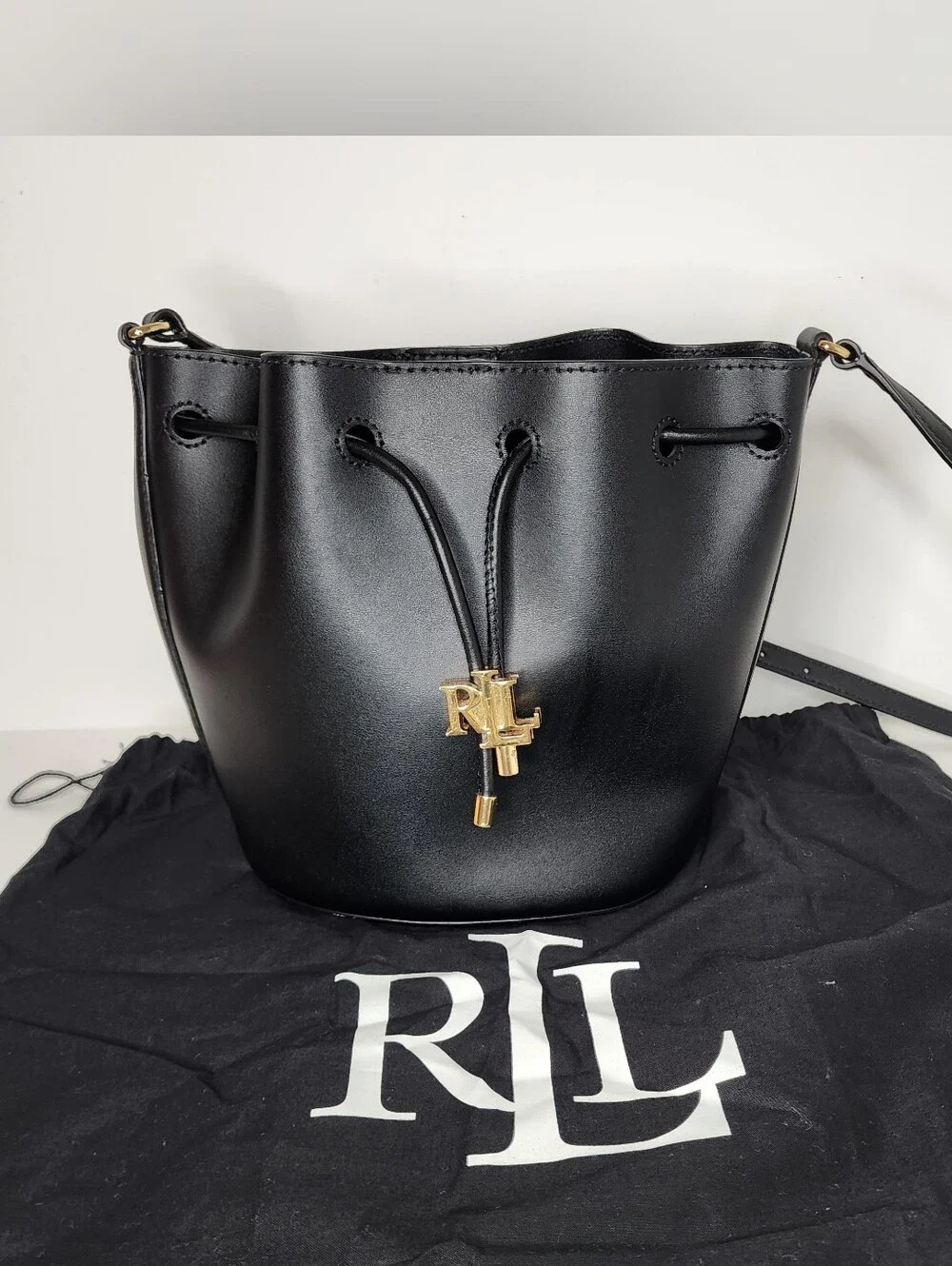 Ralph Lauren Black Leather Drawstring Crossbody Bucket Bag
